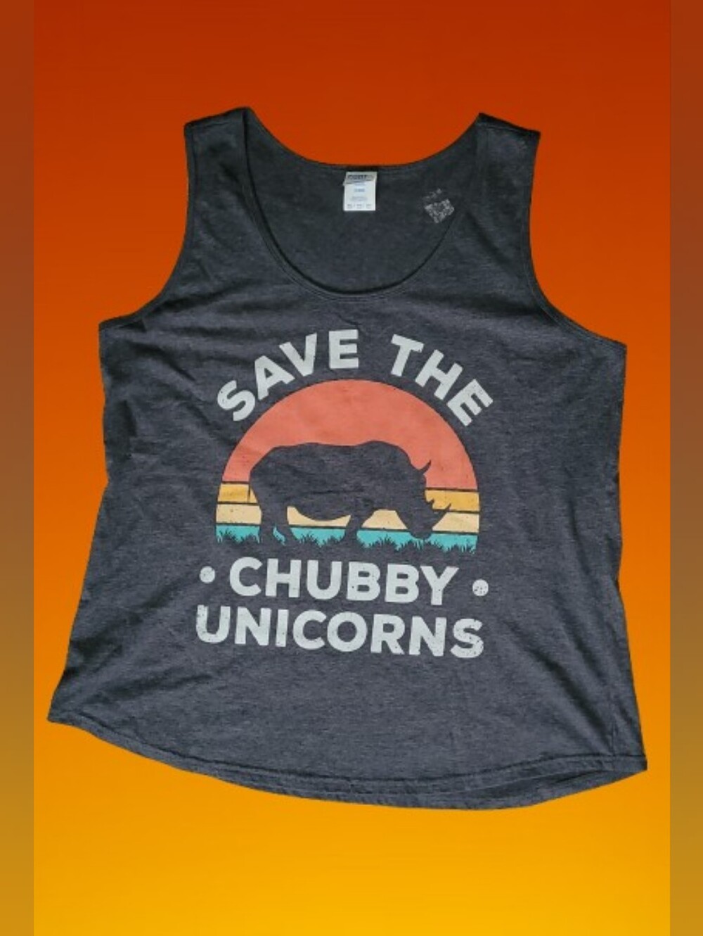 Save The Chubby Unicorns Tank Top - Dark Gray, Sunset Rhino Graphic Vtg Look